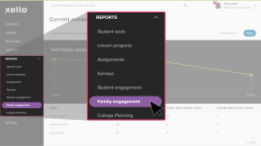 Reports menu open with Family engagement selected